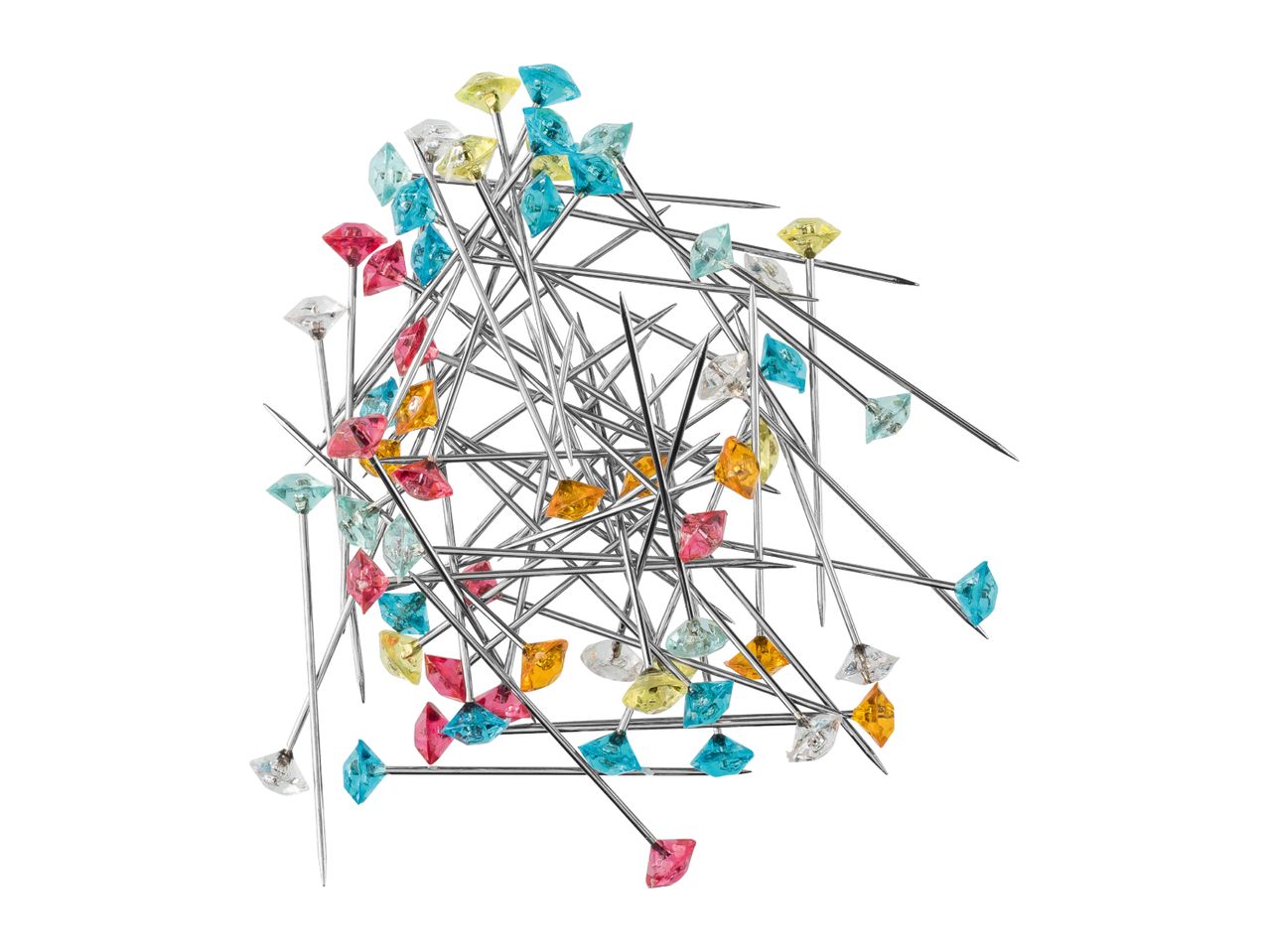 A pile of colorful diamond-headed sewing pins on a white background