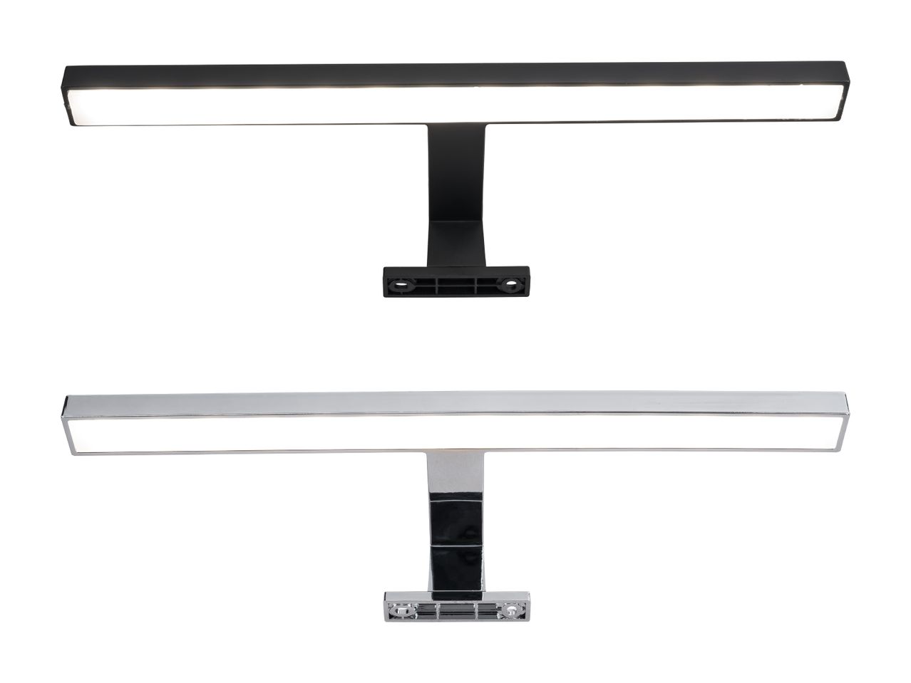 To moderne LED-billedlys, et sort og et krom, med rektangulære hoveder og T-formede beslag.