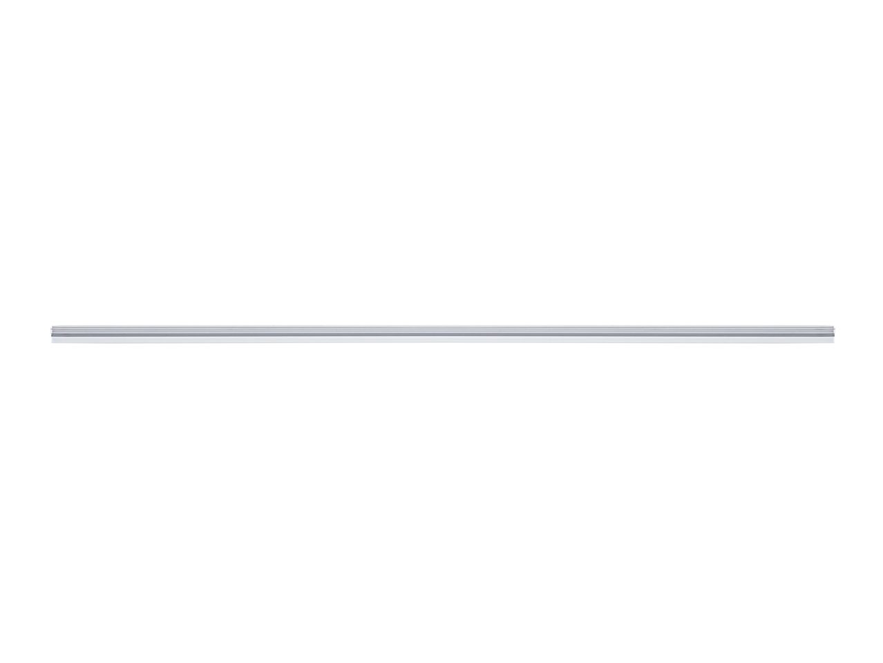 A single, long, thin silver metal strip on a white background.