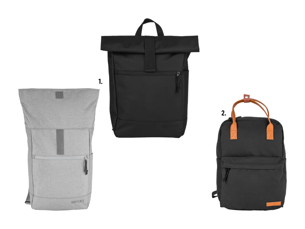 Drei Rucksäcke: ein schwarzer Rolltop-Rucksack, ein grauer und ein kleiner schwarzer mit braunen Akzenten.