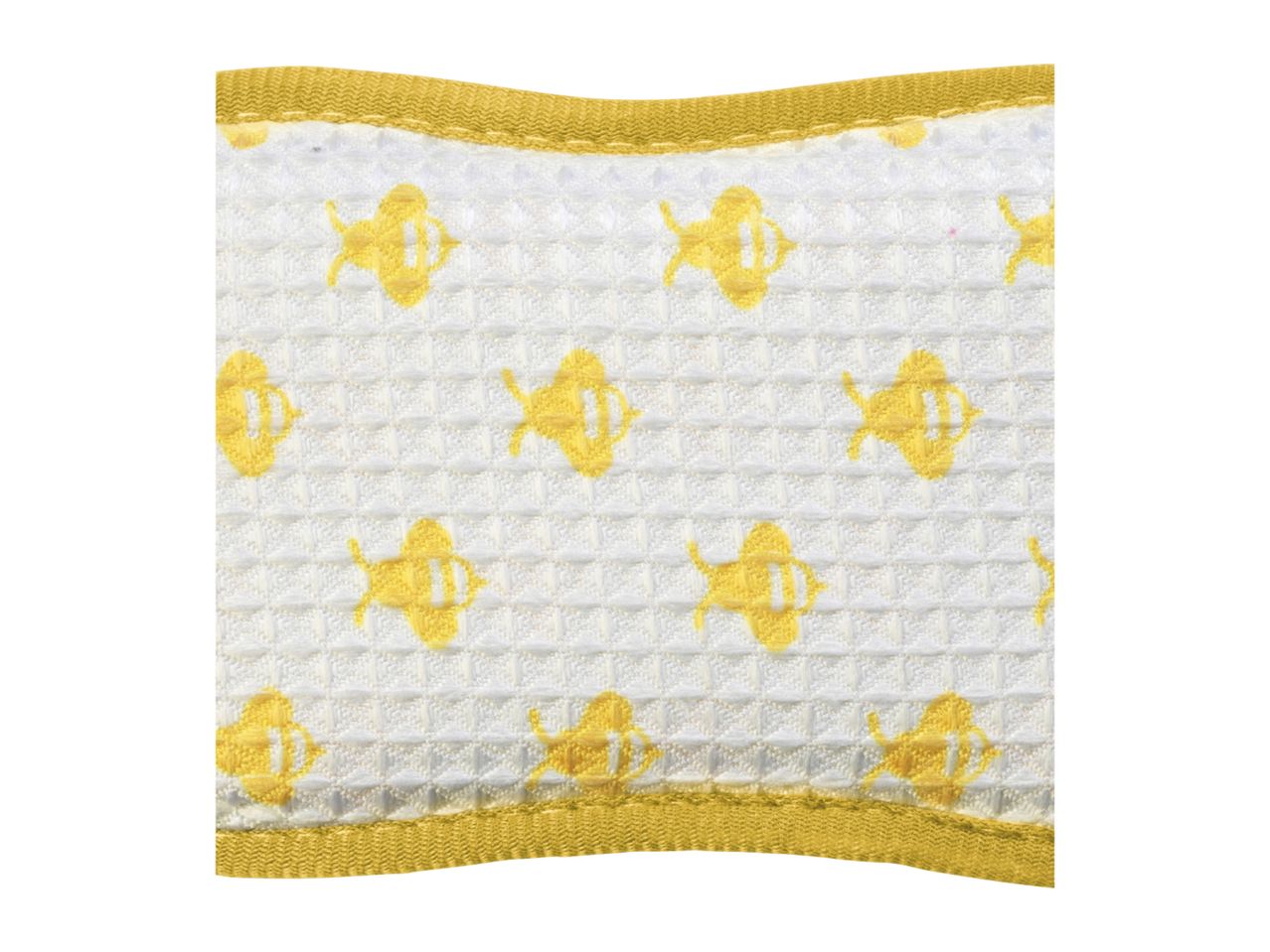 A close-up of a yellow and white waffle-weave fabric with a bee pattern, bordered in yellow.