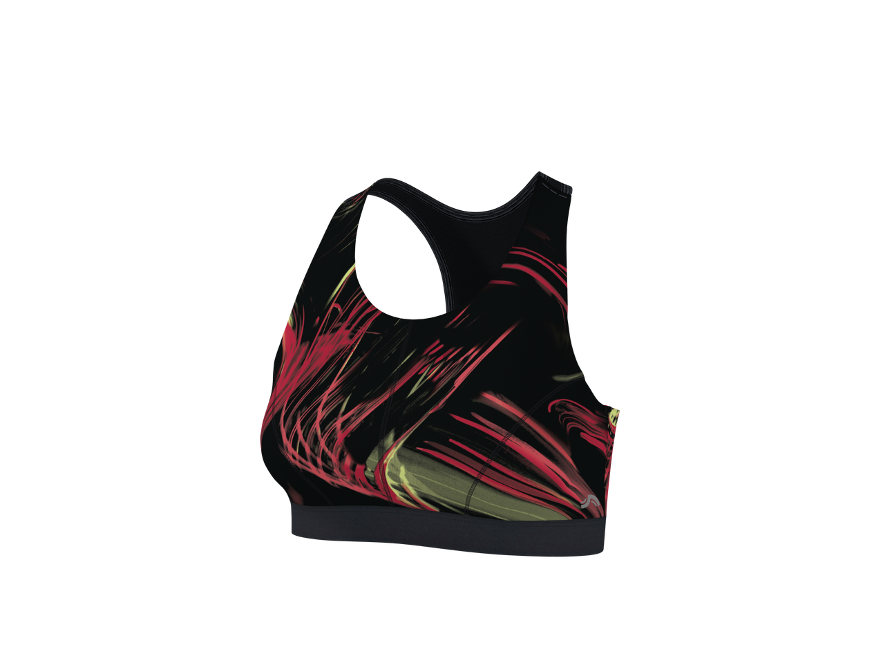 Black sports bra with red and yellow abstract brushstroke pattern