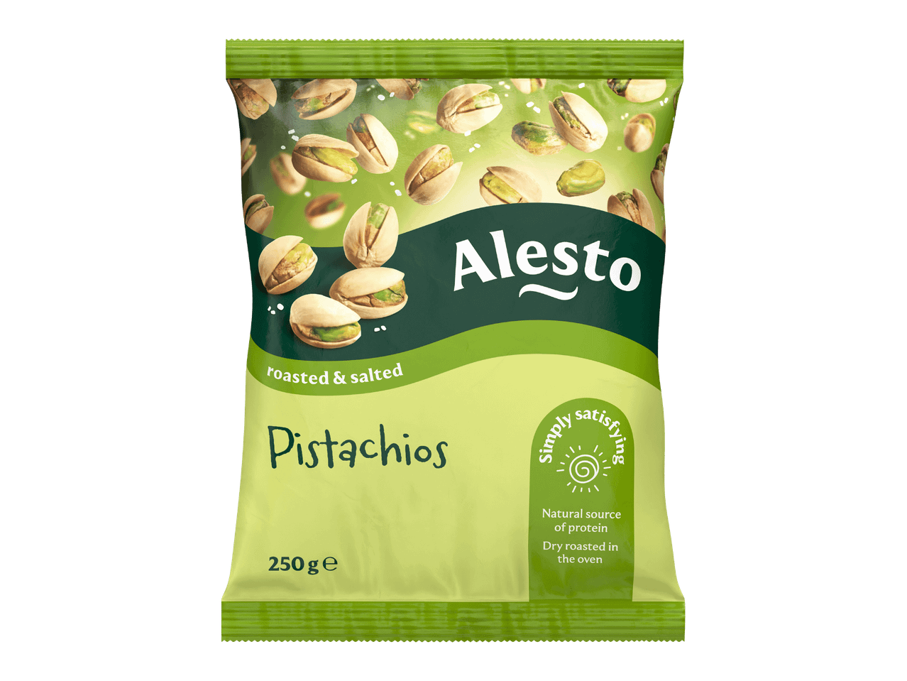 Paahdettuja ja suolattuja pistaasipähkinöitä 250 g:n pussissa.