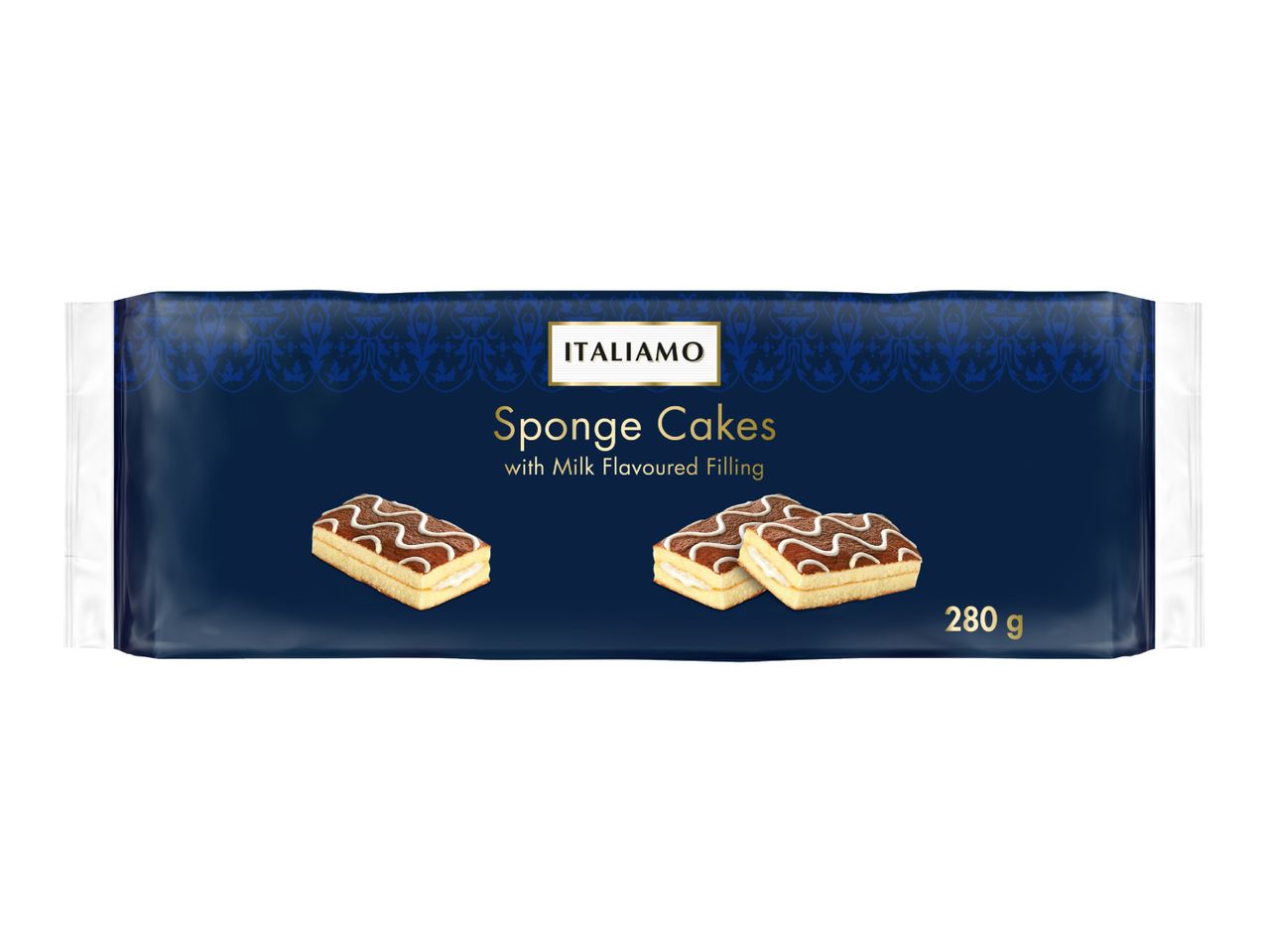 Dark blue package of sponge cakes with milk-flavored filling, 280g.