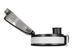 Open black and white water bottle lid with a transparent dark grey cap.