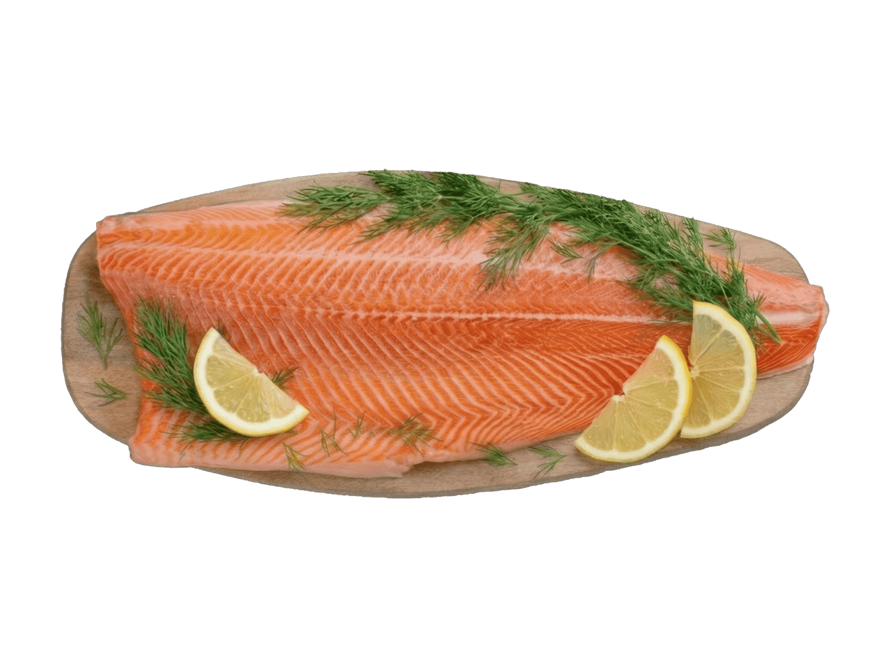 Lohifilee, sitruunaviipaleita ja tilliä puisella leikkuulaudalla.