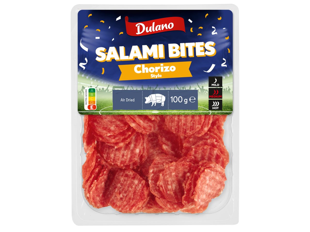 Опаковка саламчета чоризо, 100 гр., с Nutri-Score E и три нива на лютивина.