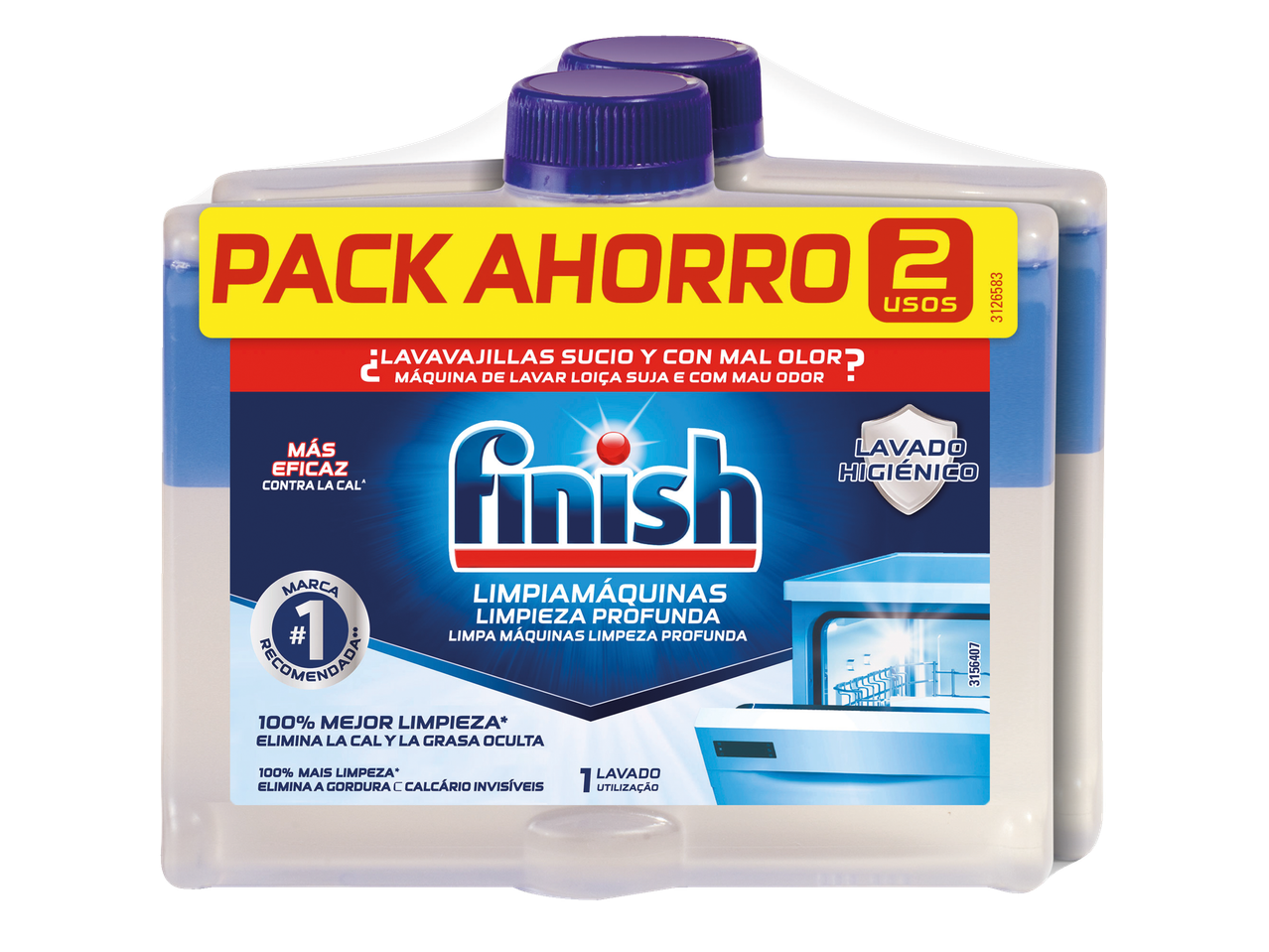 Finish limpa-máquinas de lavar loiça, pack de 2 para limpeza profunda e higiénica, remove calcário e gordura.