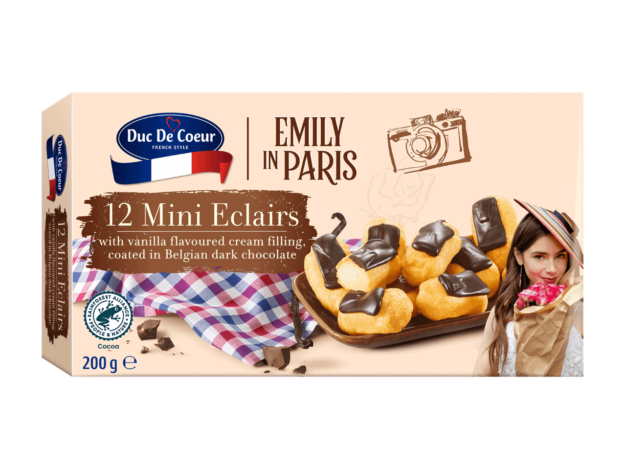 Duc De Coeur Emily in Paris -pakkaus 12 mini-eklaaria vaniljakreemillä ja tummalla belgialaisella suklaalla.