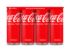 Acht rode frisdrankblikjes van 250 ml met de tekst 'ORIGINAL TASTE' en 'Delicious & Refreshing'.