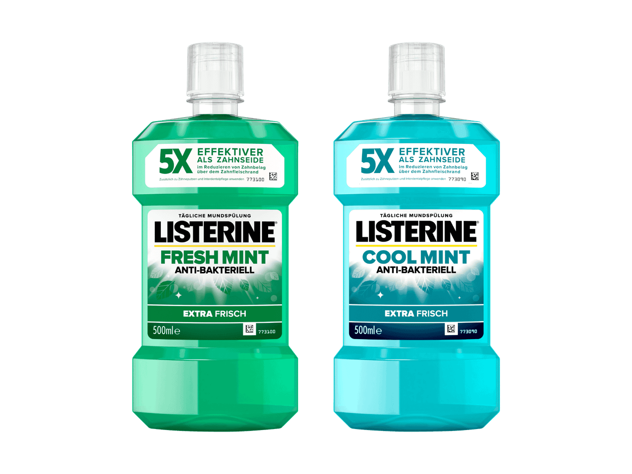 Zwei Flaschen Listerine Mundspülung in den Sorten Fresh Mint und Cool Mint.
