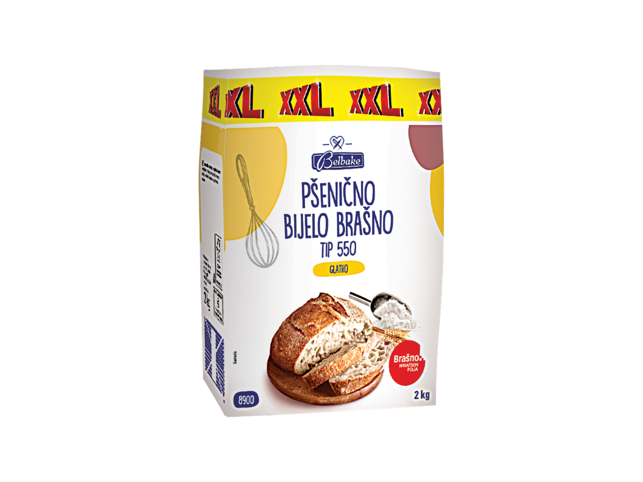 Pakiranje pšeničnog bijelog brašna tip 550, glatko, 2 kg, s ilustracijom kruha i pšeničnog klasja.