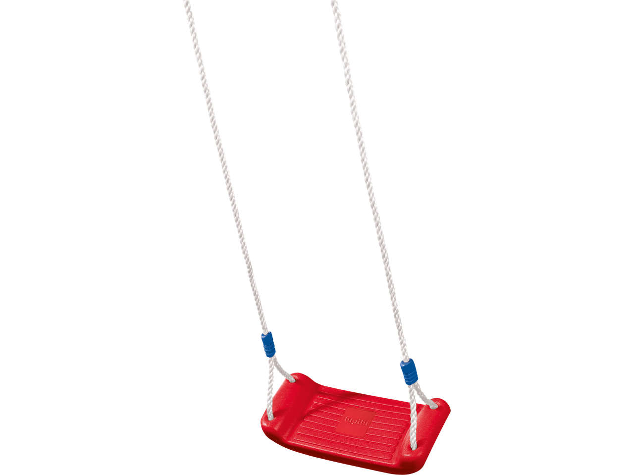 Red swing with white ropes and blue adjusters on a black background.