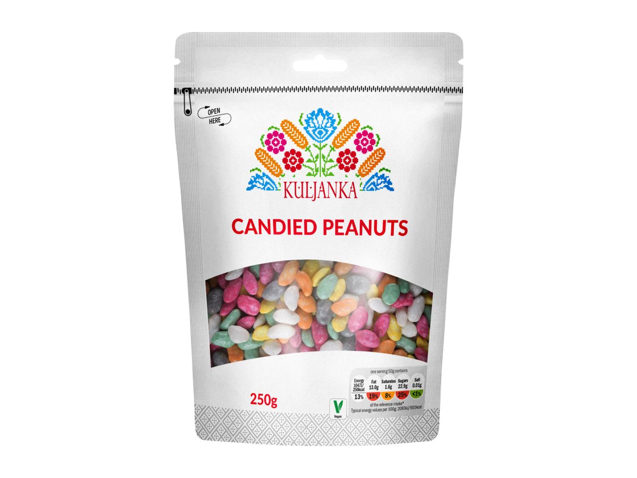 A white pouch of candied peanuts with a colorful folk art design and nutritional information.