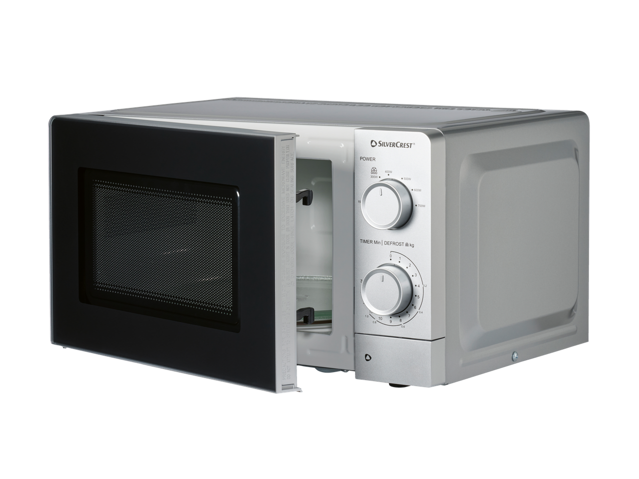 SILVERCREST® 700W mikrolaineahi avatud uksega, näidates juhtnuppe ja sisemust.
