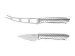 Two stainless steel cheese knives with textured handles, one with a forked tip and holes.