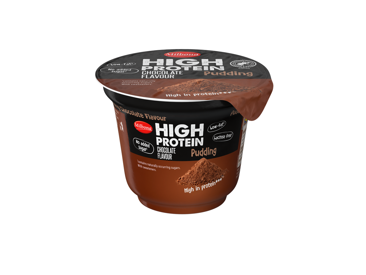 Pudding de ciocolată Milbona, bogat în proteine, sărac în grăsimi și fără lactoză.
