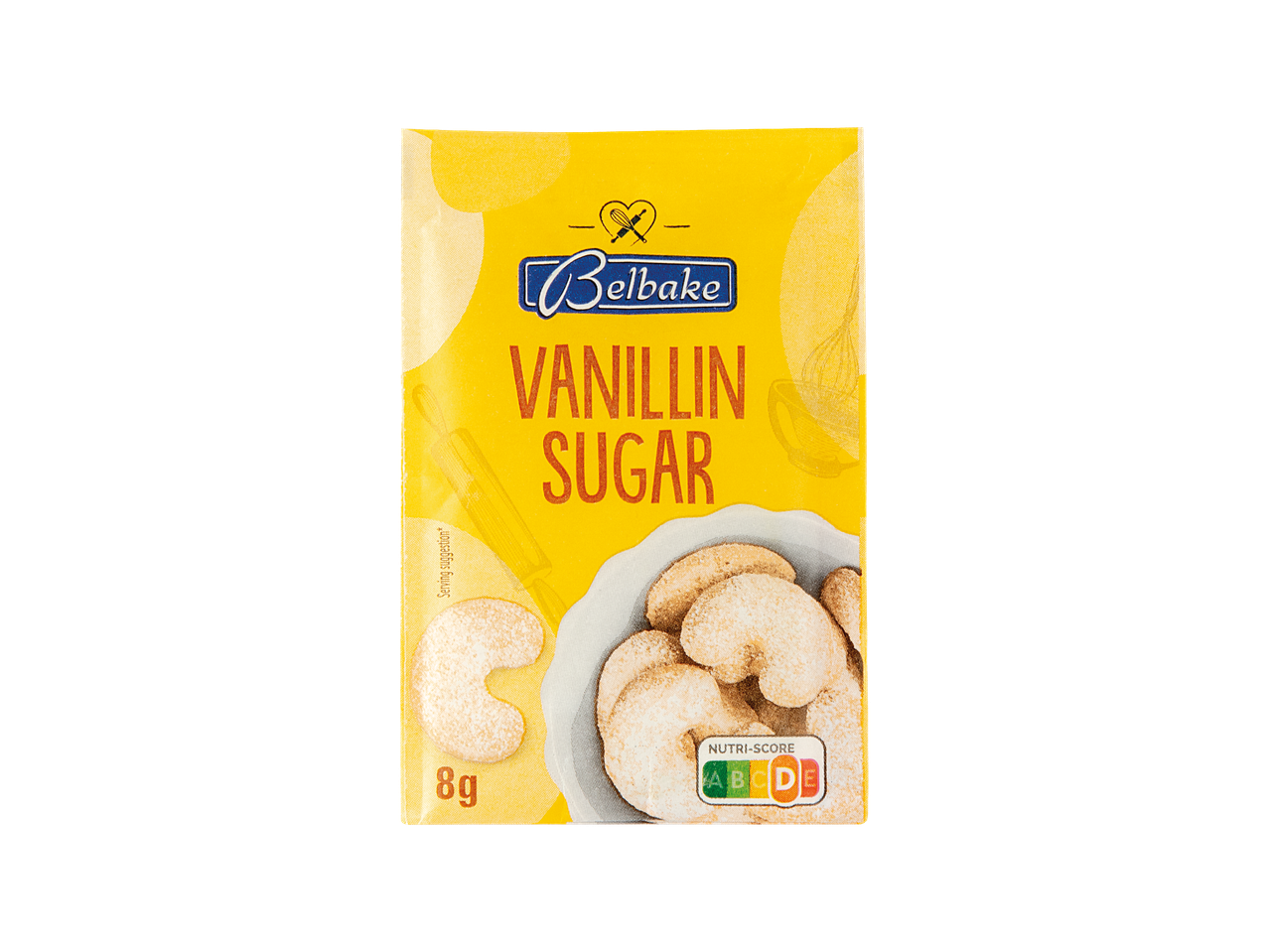 Belbake vanilin šećer u pakiranju od 8g s Nutri-Score oznakom.