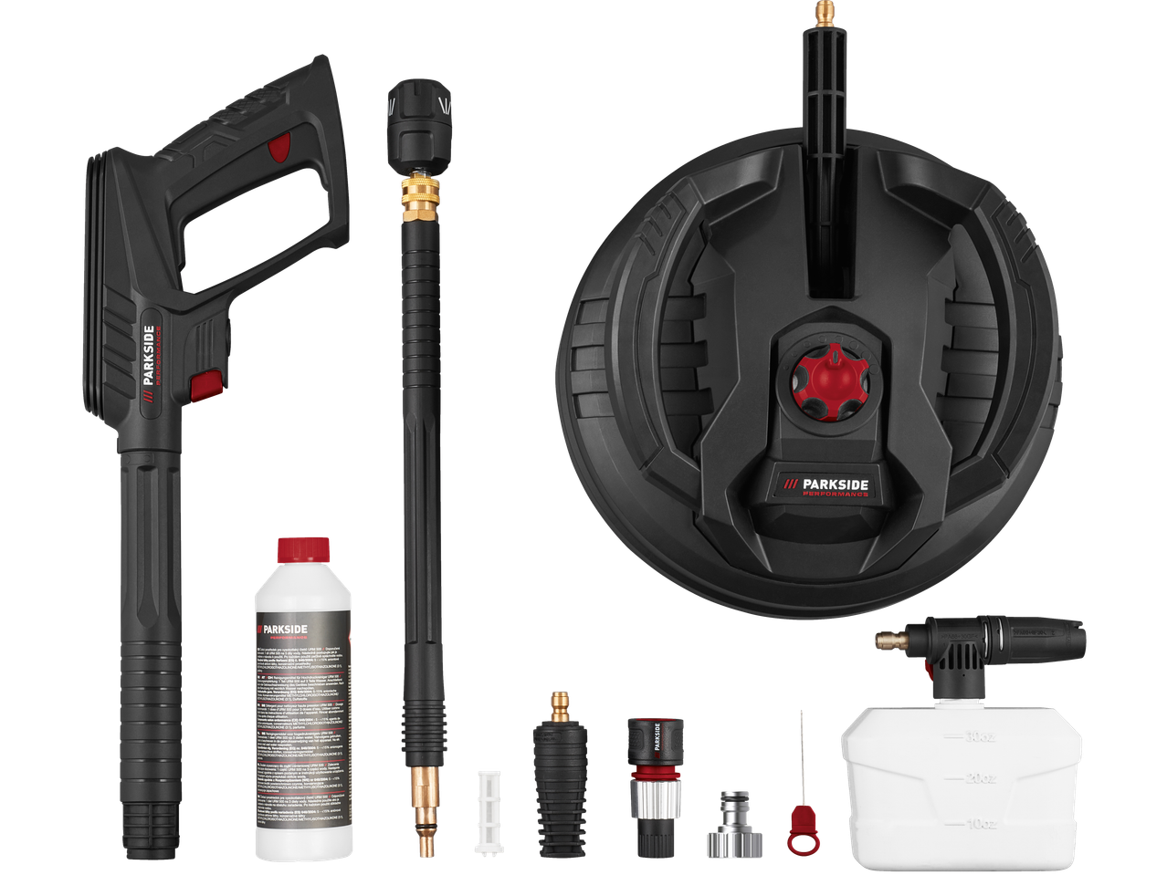 Set de spălător cu presiune PARKSIDE PERFORMANCE cu pistol, lance, duză și accesorii.
