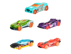 Five Hot Wheels toy cars in various colors and designs, including blue, green, purple, black, and red.