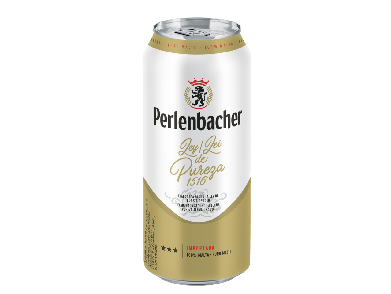 Lata de cerveja Perlenbacher Pivo Pils, 100% malte, elaborada segundo a lei da pureza de 1516.