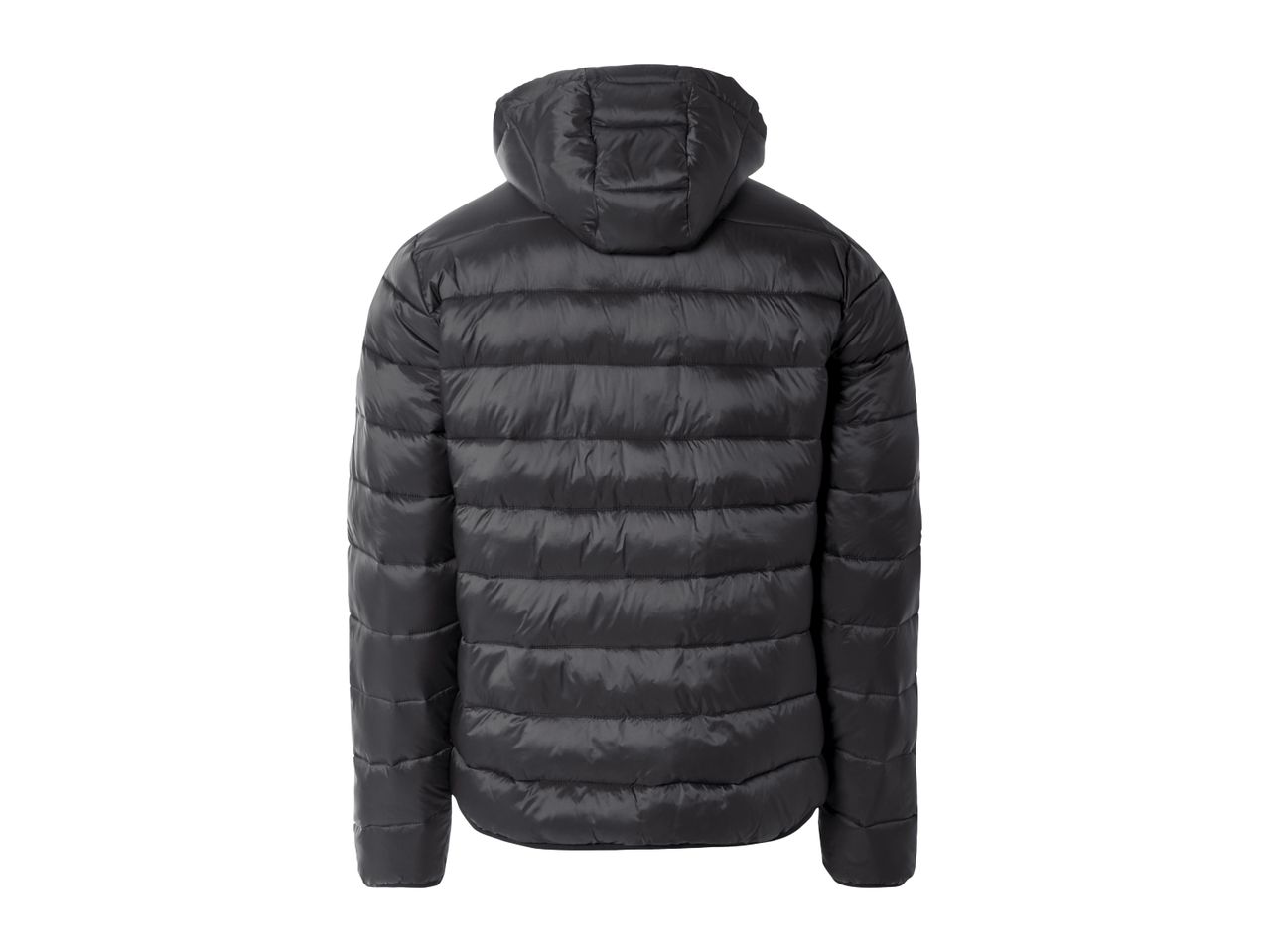 Back view of a black puffer jacket with a hood