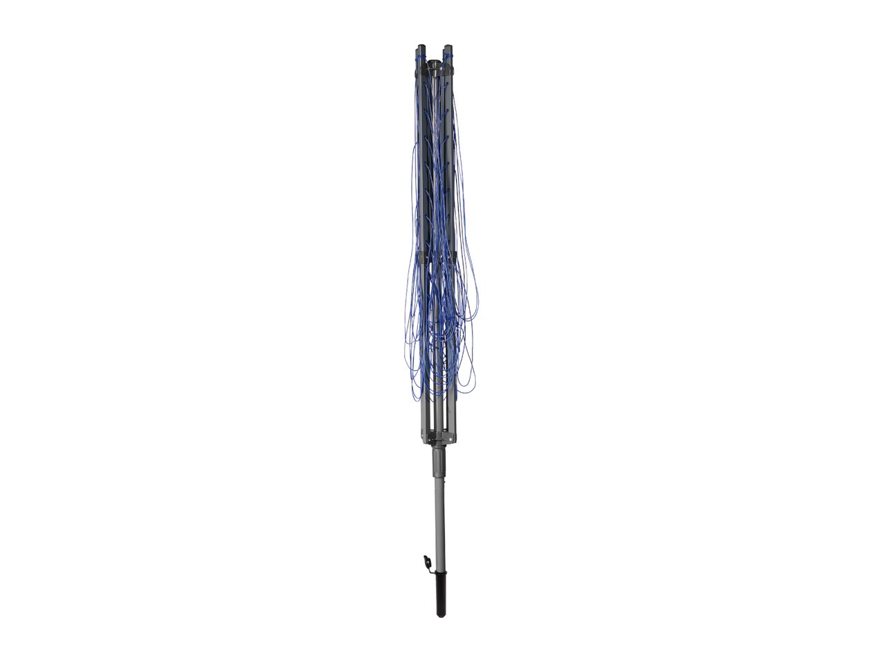 Folded rotary clothes dryer with blue lines on a white background.