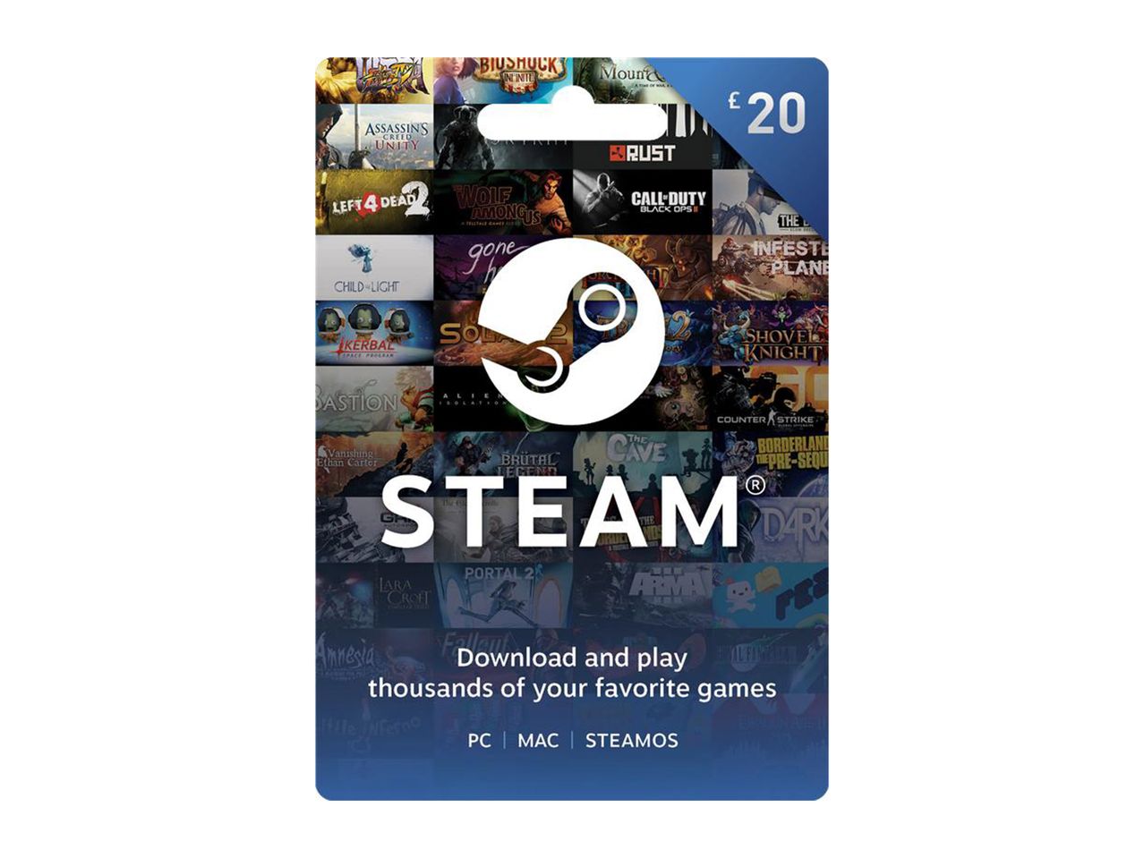 Steam gift card for £20, featuring game titles like Assassin's Creed, Left 4 Dead, and Call of Duty.