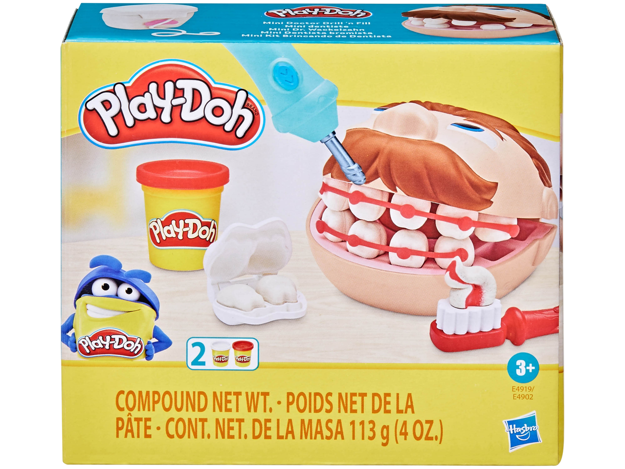 Play-Doh Mini Doctor Drill 'n Fill kit with play-doh, dental tools, and a toy head.