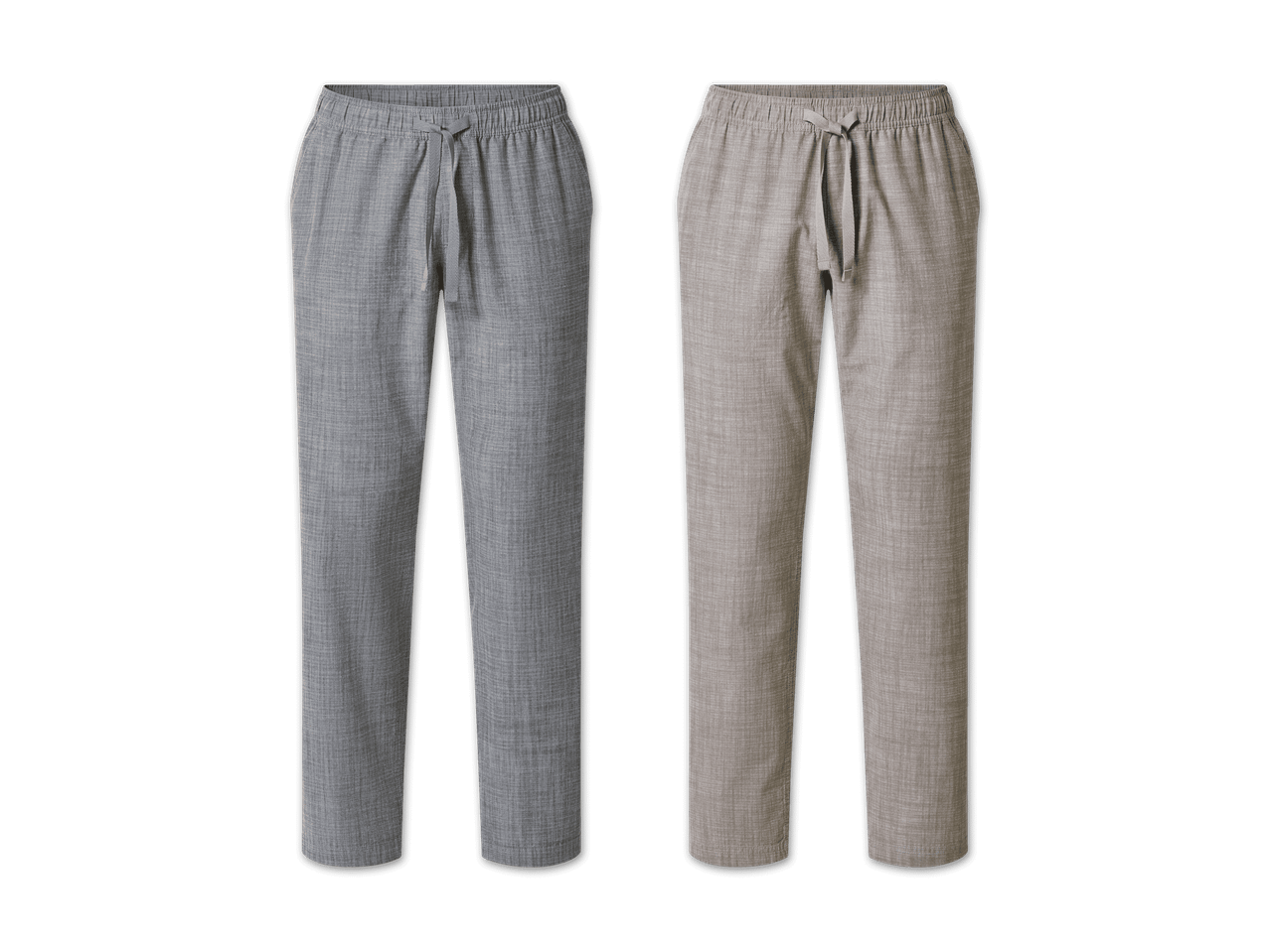 Zwei Freizeithosen in Grau und Beige mit Kordelzug.