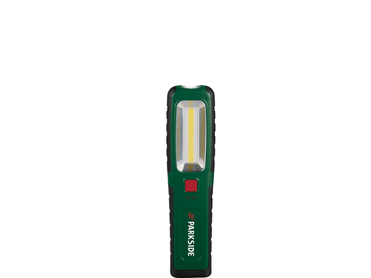 Lanterna de trabalho Parkside verde com botão de energia vermelho.