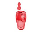 A red BIC double-hole pencil sharpener with a removable cap.