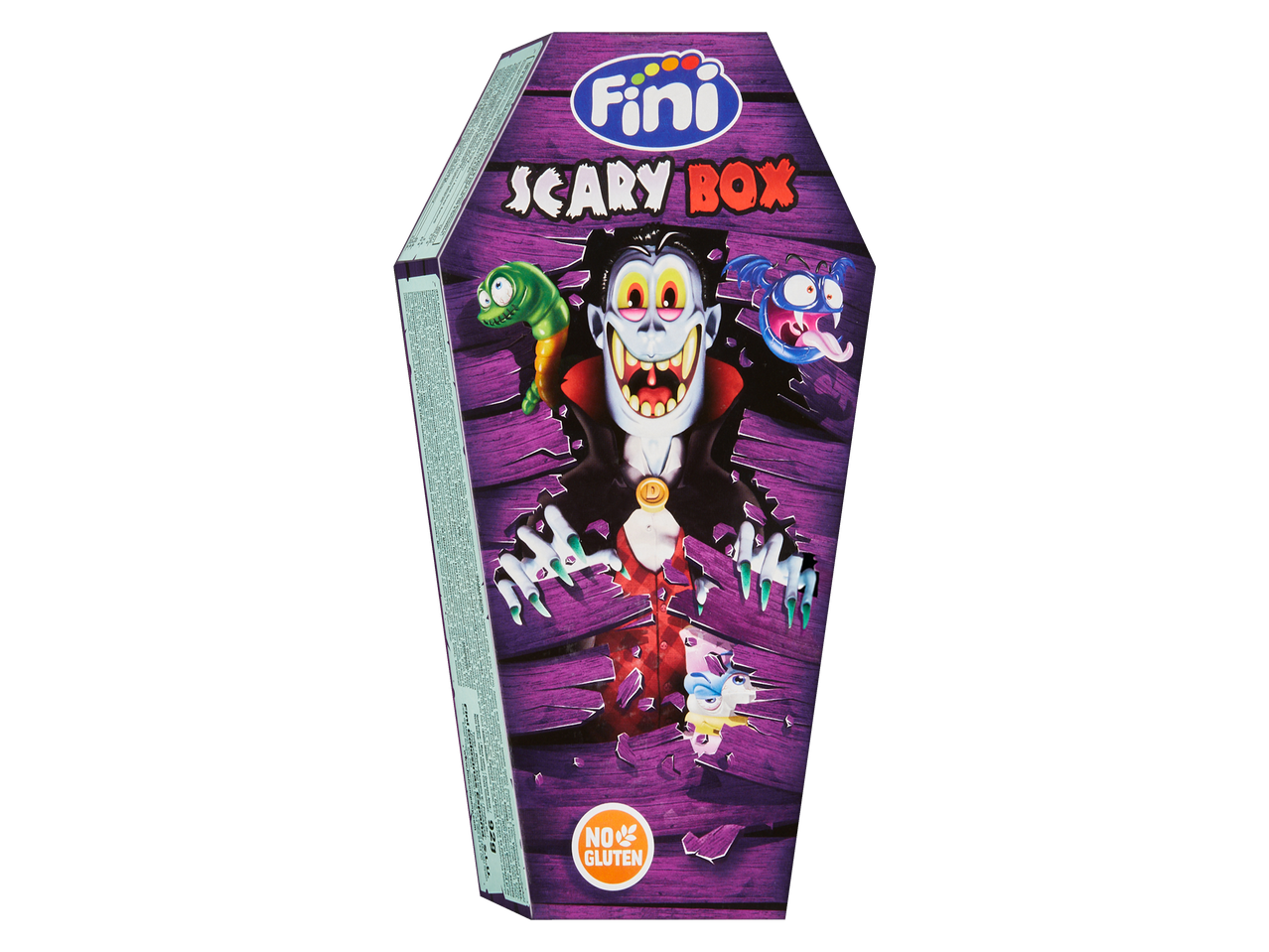 Cutie Fini Scary Box în formă de sicriu, cu un vampir și creaturi înfricoșătoare.