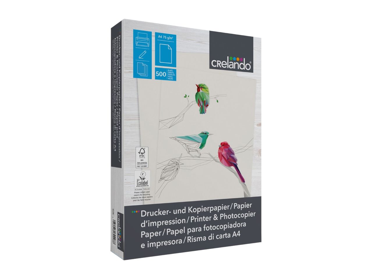 A ream of A4 printer and copier paper, 75 g/m², with 500 sheets, featuring bird illustrations.