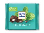 Ritter Sport Pefferminz chokoladebar med mynteblade og chokoladestykker.