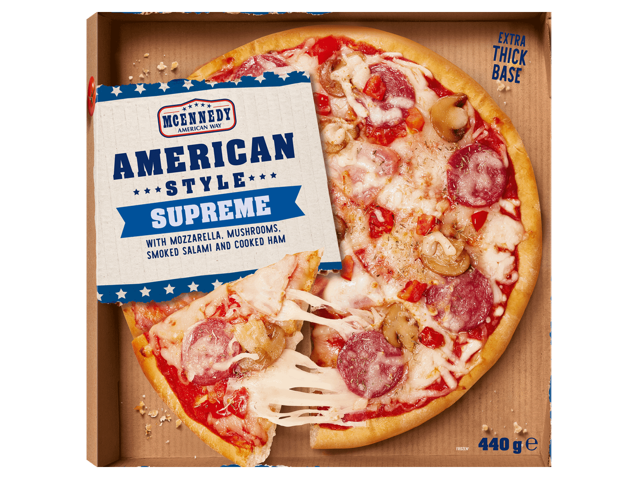 Amerikai stílusú Supreme pizza extra vastag tésztával, 440 g-os kiszerelésben.