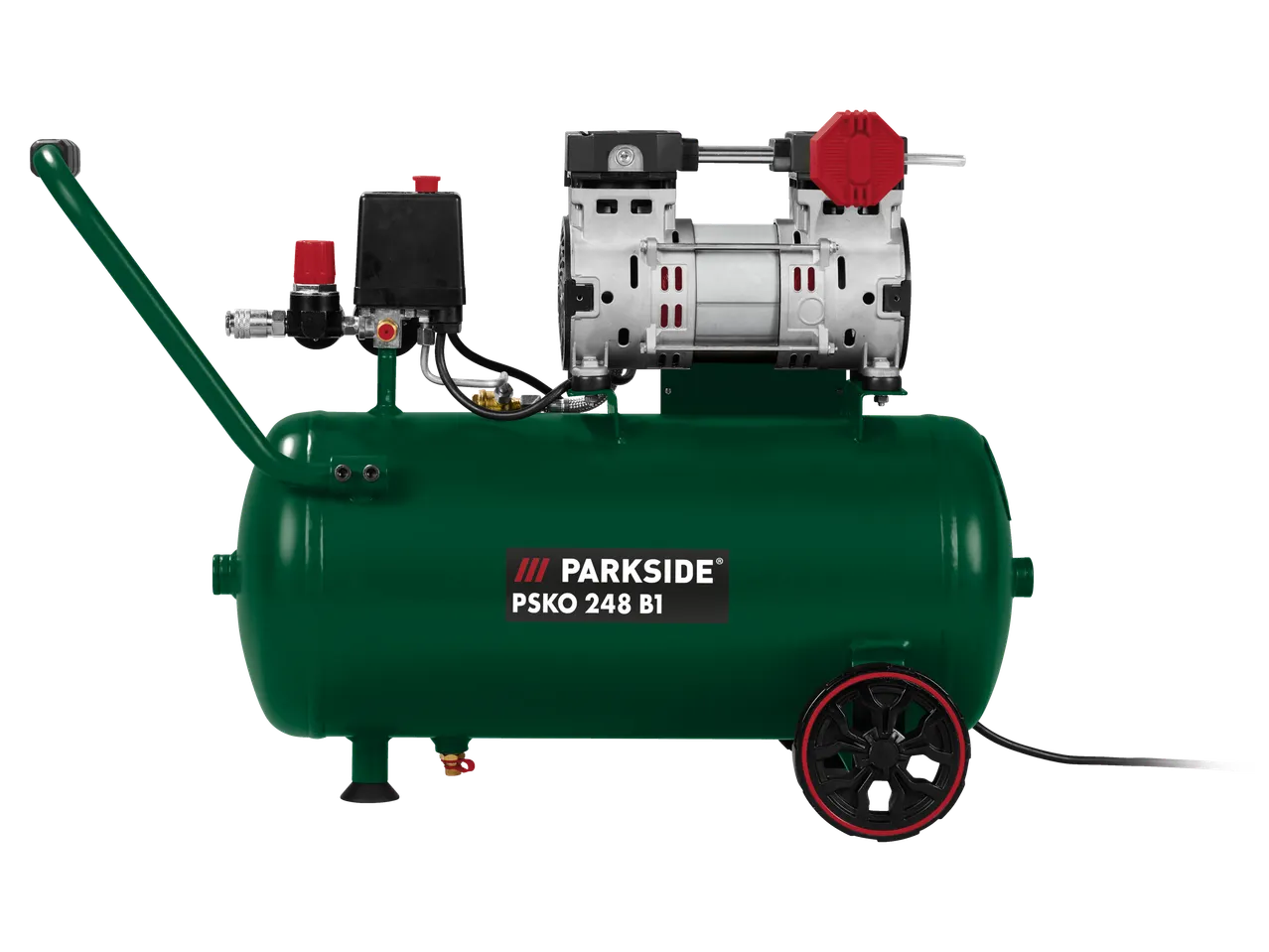 Parkside® PSKO 248 B1 silent compressor, green, with wheels and handle.