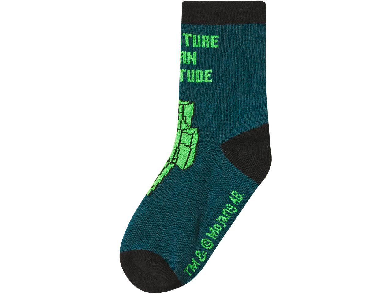 Vaikiška kojinė su užrašu „TURE AN TUDE“ ir kirtiklio grafika.