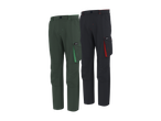 Dvoje delovnih hlač v temno zeleni in temno sivi barvi z žepi in poudarki v kontrastnih barvah.
