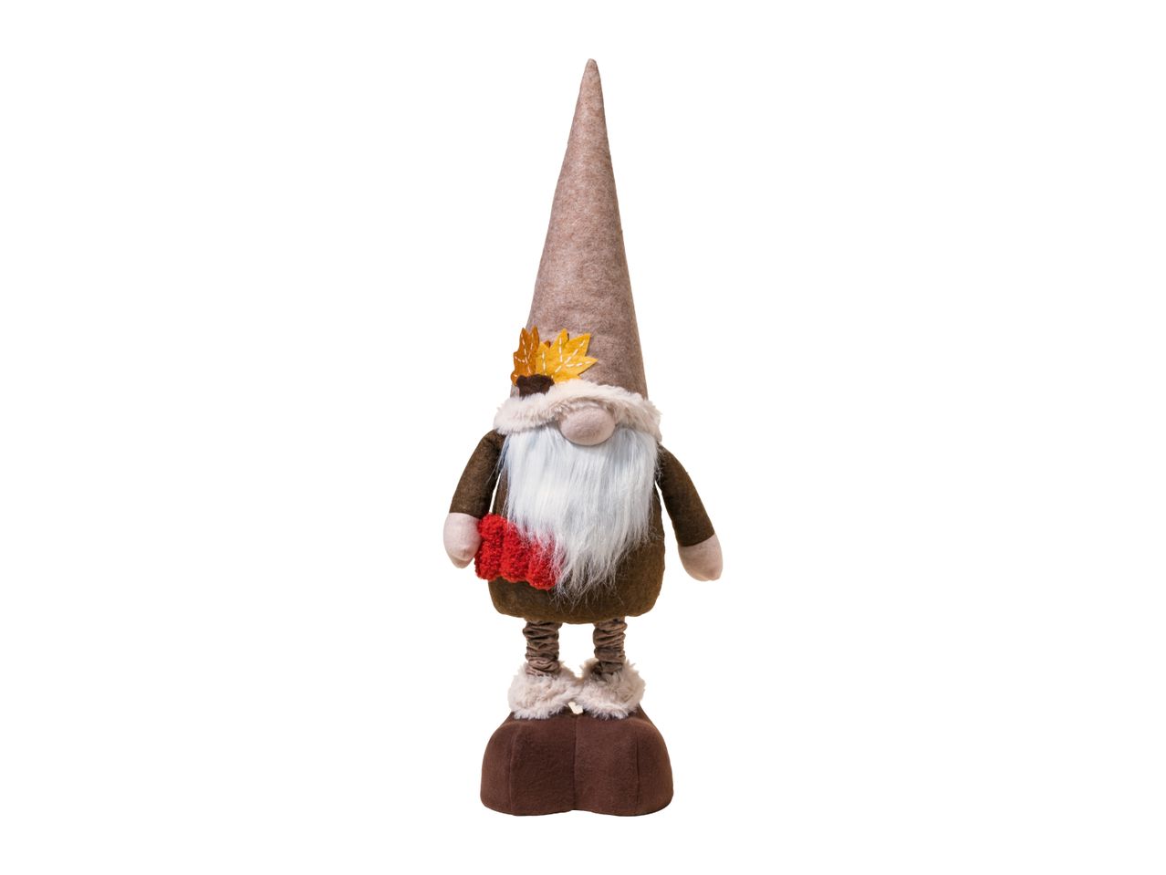 Autumn gnome decoration with a tall brown hat, white beard, and red scarf.