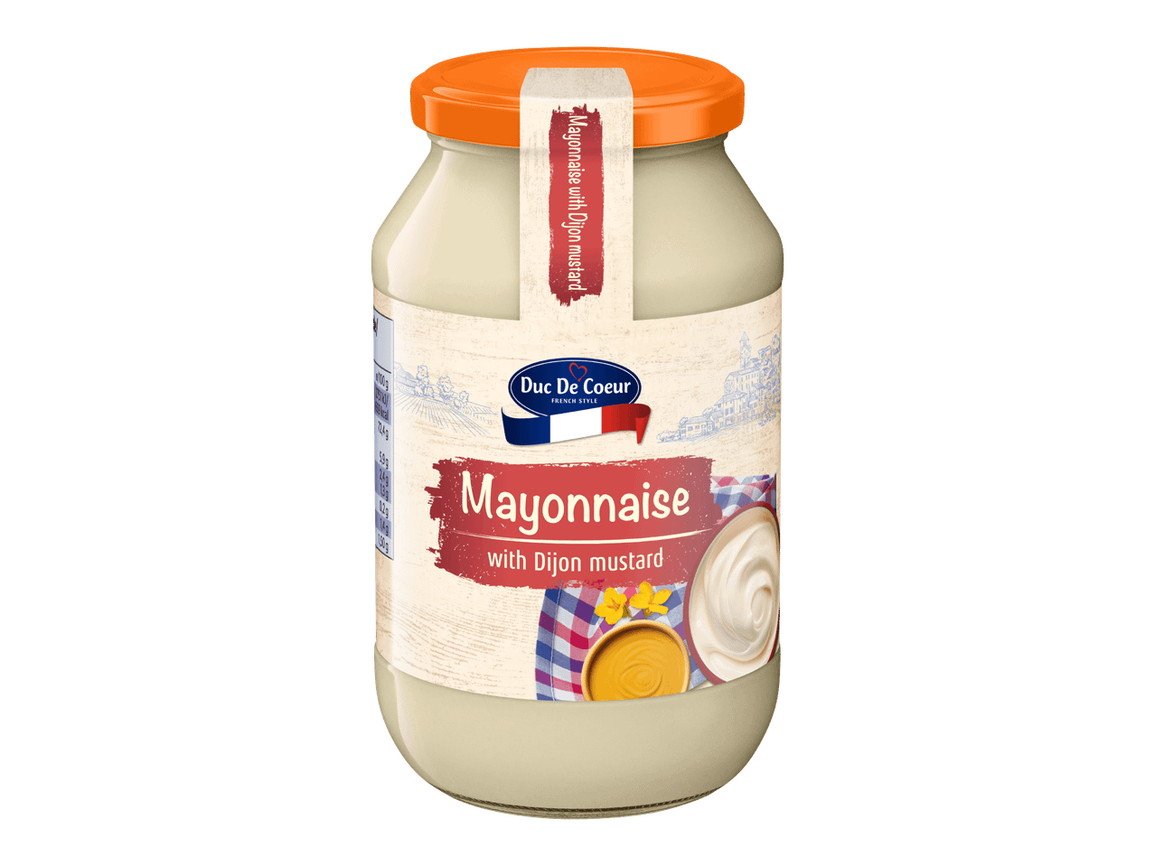 Purkki majoneesia sinapilla vaalealla taustalla.