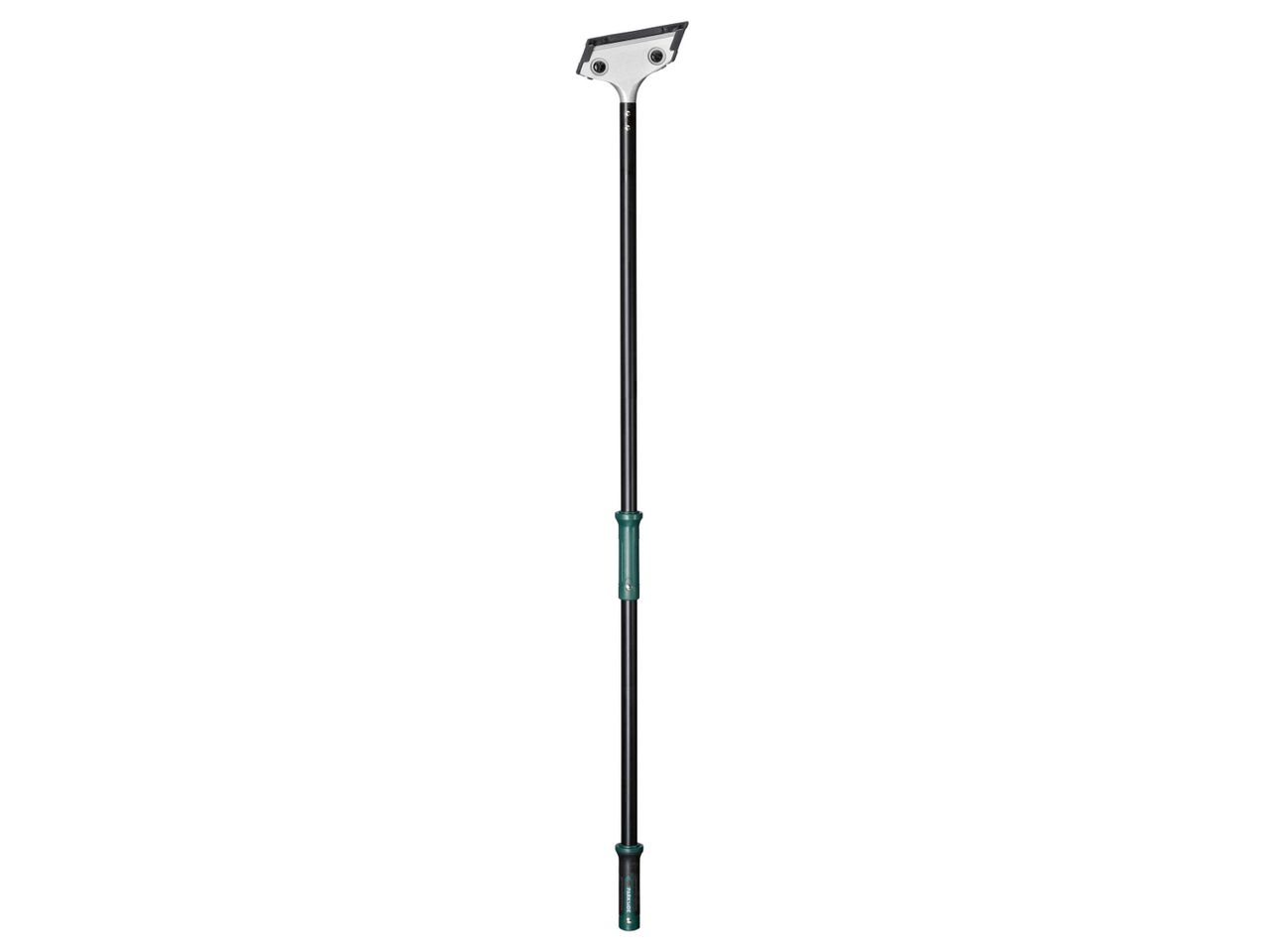 Long-handled window scraper with a green and black pole and a silver head.