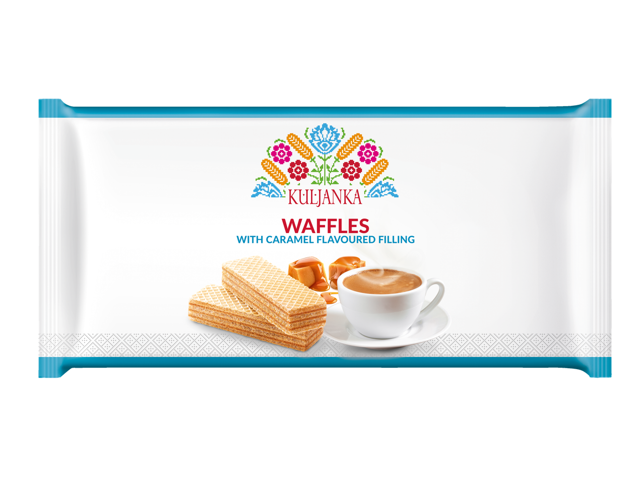 KULJANKA Waffles cu umplutură cu aromă de caramel, serviți cu cafea.