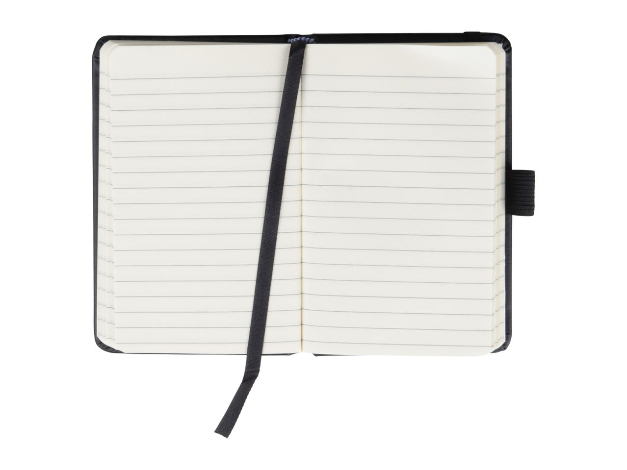 An open lined notebook with a black cover and ribbon bookmark.