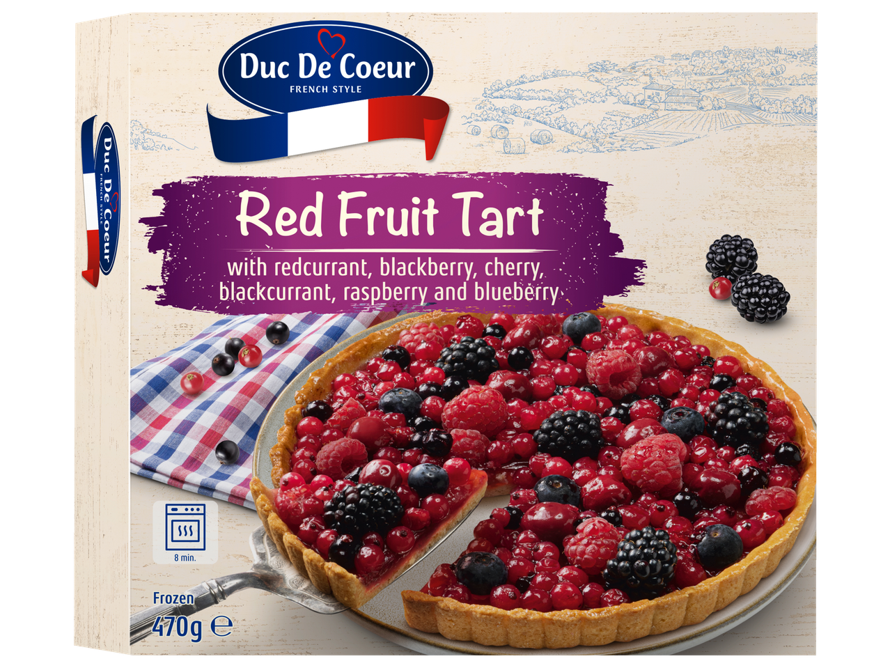 Frozen red fruit tart with redcurrant, blackberry, cherry, blackcurrant, raspberry, and blueberry.