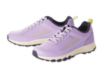 Ein Paar lila Sportschuhe mit gelben Akzenten und einer cremefarbenen Sohle.