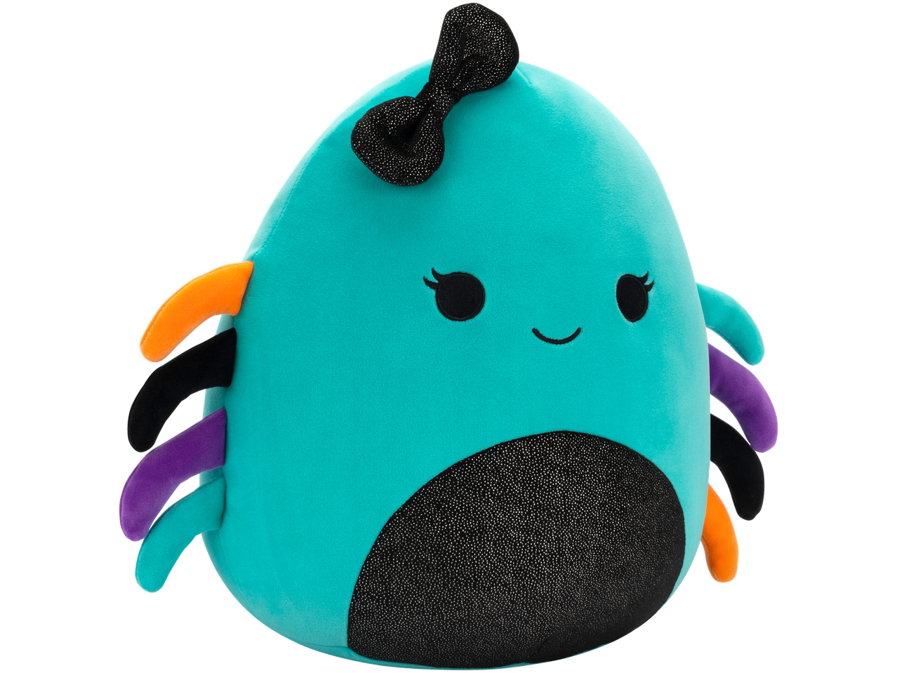Squishmallows plush toy, a teal spider with a black bow and colorful legs.