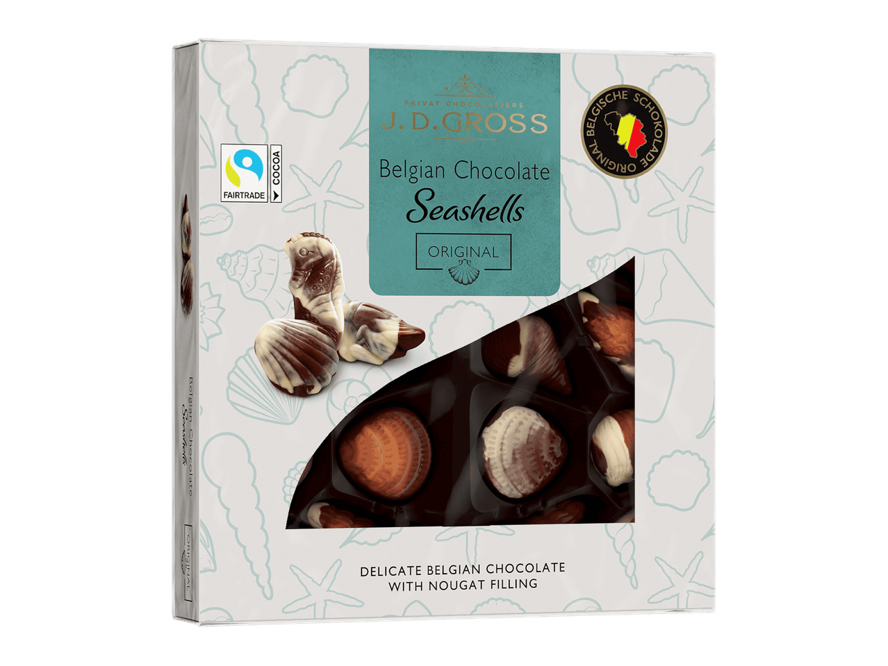 J.D. Gross Belgian Chocolate Seashells -suklaakonvehdit nougattäytteellä
