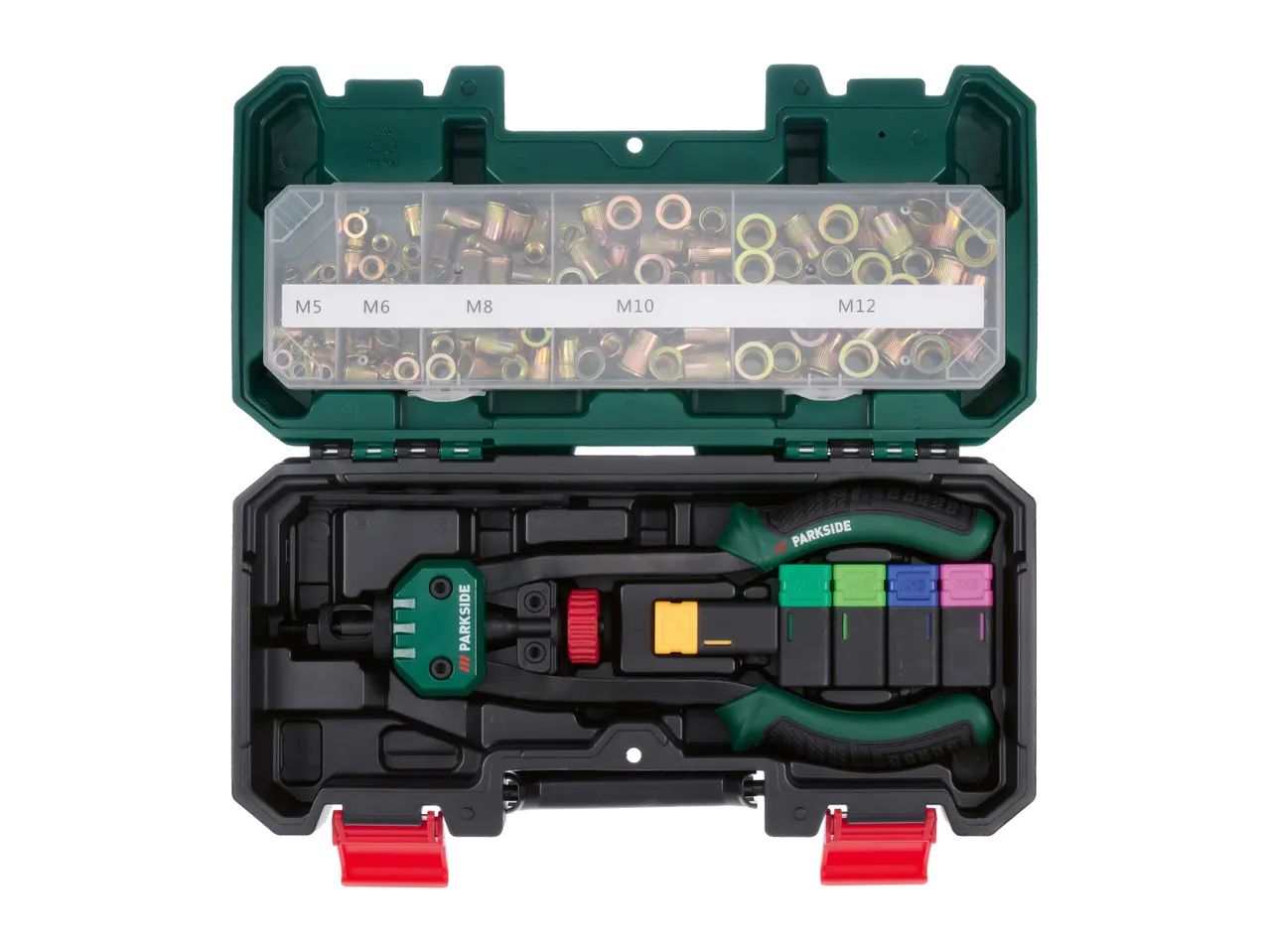 Rivet nut plier set with various M5, M6, M8, M10, and M12 rivet nuts in a green and black case.