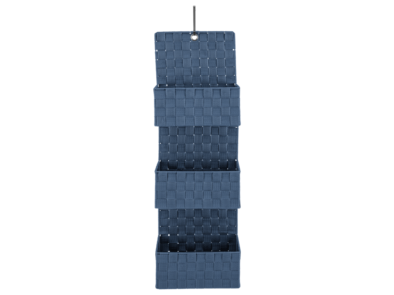 Uma unidade de armazenamento azul montada na parede com quatro compartimentos.